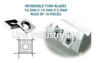 10 pces. 14.3mm x 14.3mm x 2.5mm CARBIDE REVERSIBLE TURN BLADES