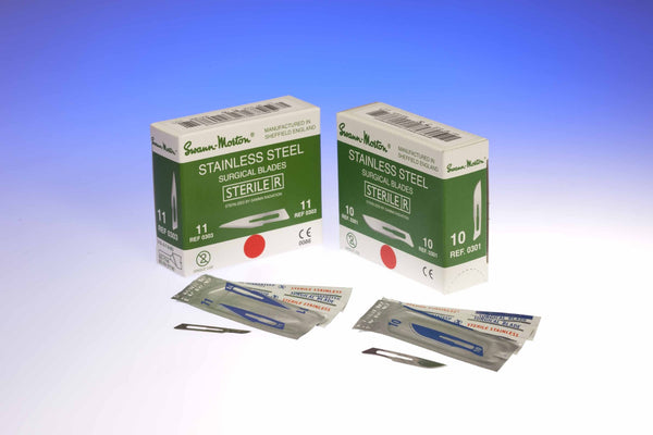 No.E/11 surgical scalpels, sterile stainless steel, in single peel packs - box of 100 blades (GREEN)